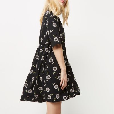 Black floral print smock dress